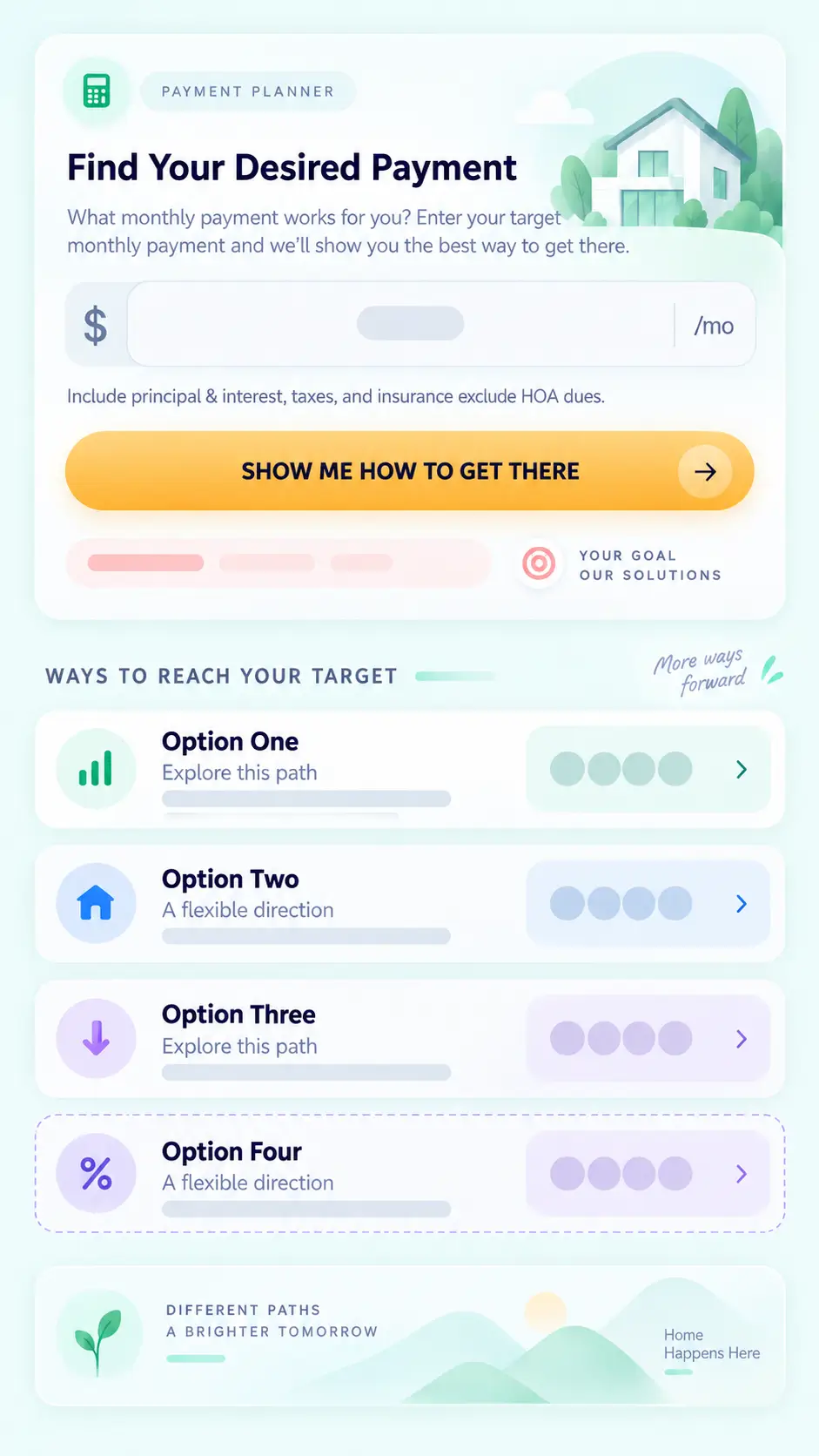Payment planner showing a target monthly mortgage payment and ways to reach it, including a rate buydown, lower home price, higher down payment, and temporary buydown.