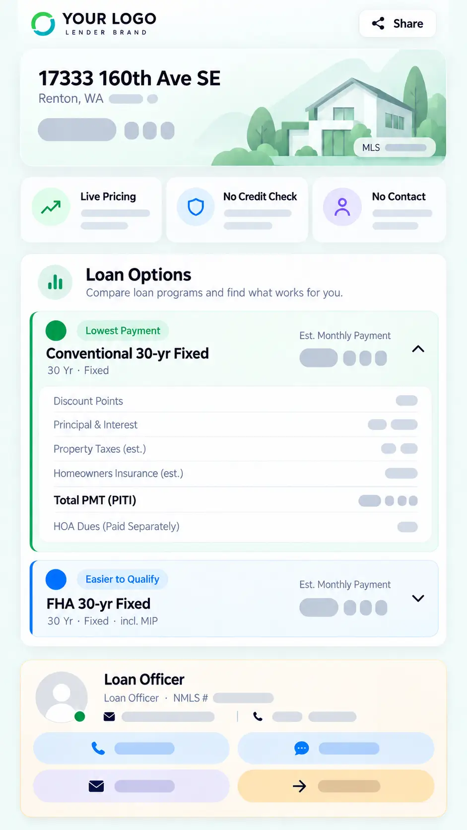 Loan options page showing a property summary, conventional and FHA mortgage options with estimated monthly payments, and loan officer contact information.